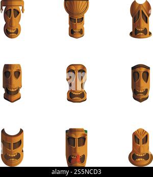 Set icone idolo tribale. Set di cartoni animati con 9 icone vettoriali di idolo tribali per il web design isolate su sfondo bianco. Set icone idolo tribale, stile cartone animato Illustrazione Vettoriale