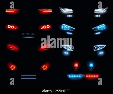 Fari per auto. Ambiente buio con luci rosse e bianche per automobili collezione realistica. Faro auto, lampada illustrazione realistica dei fari. Fari per auto. Ambiente buio con luci rosse e bianche per automobili collezione realistica Illustrazione Vettoriale