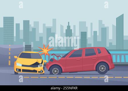 Sfondo stradale in caso di incidente. Auto danneggiate in paesaggio urbano emergenza aiutare immagini vettoriali di trasporto rotte. Illustrazione del trasporto su strada in caso di collisione automatica interrotta. Sfondo stradale in caso di incidente. Auto danneggiate in paesaggio urbano emergenza aiutare immagini vettoriali di trasporto rotte Illustrazione Vettoriale