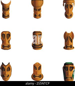 Set icone Totem idolo. Set di cartoni animati con 9 icone vettoriali totem per il web design isolate su sfondo bianco. Set icone Totem idolo, stile cartone animato Illustrazione Vettoriale