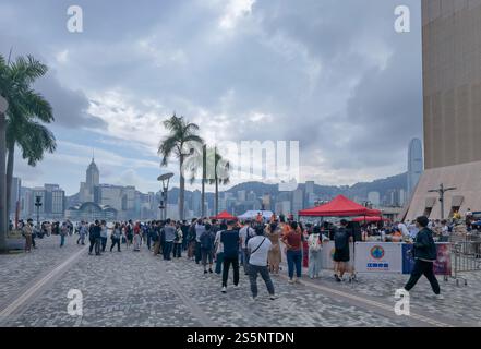 Hong Kong - 16 novembre 2024: Un vivace mercato all'aperto si apre su una piazza acciottolata, affacciata sullo skyline della città sotto un cielo nuvoloso. Palme li Foto Stock
