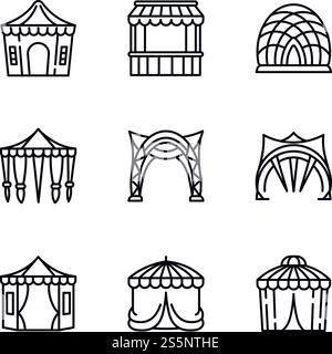 Set di icone tenda Festival. Contorno di 9 icone vettoriali per tende da festival per il web design isolate su sfondo bianco. Set di icone tenda Festival, stile contorno Illustrazione Vettoriale