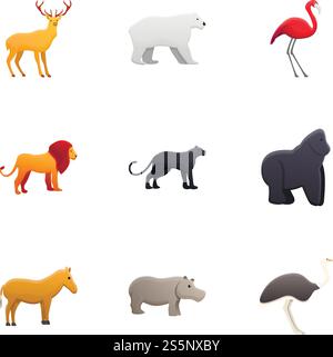 Set di icone degli animali dello zoo africano. Set di cartoni animati con 9 icone vettoriali di animali dello zoo africano per il web design isolate su sfondo bianco. Set di icone degli animali dello zoo africano, in stile cartoni animati Illustrazione Vettoriale