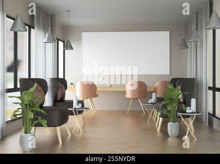 Illustrazione 3D, cornice fotografica Mockup sulla parete del salone o del ristorante, interni confortevoli con sedia di lusso e splendidi mobili, rendering Foto Stock