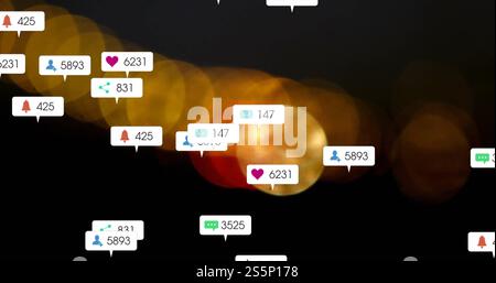 Immagine delle icone dei social media con numeri crescenti su macchie luminose su sfondo nero Foto Stock