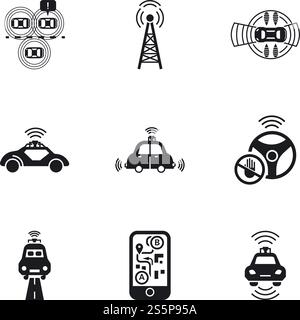 Set di icone auto a guida autonoma. Semplice set di 9 icone vettoriali auto a guida autonoma per il web design isolate su sfondo bianco. Set di icone auto a guida autonoma, stile semplice Illustrazione Vettoriale