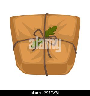 Pacco natalizio in carta artigianale con corda e foglie di agrifoglio scatola avvolta con fiocco, regalo natalizio o confezione regalo o elemento di design interno decorazione della casa illustrazione vettoriale isolata. Pacchetto natalizio in carta artigianale con corda e foglie di holly Illustrazione Vettoriale