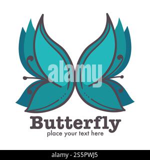 Logo astratto grafico a forma di farfalla, etichetta, design del poster, illustrazione vettoriale con testo su sfondo bianco. Design grafico a farfalla con logo astratto e testo Illustrazione Vettoriale