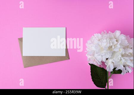 Carta bianca con fiori su sfondo rosa Foto Stock