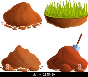 Set di icone del suolo. Set di cartoni animati di icone vettoriali del suolo per la progettazione Web. Set di icone suolo, stile cartone animato Illustrazione Vettoriale