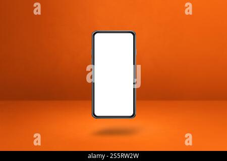 Smartphone vuoto sospeso su uno sfondo arancione. Illustrazione 3D isolata. Modello orizzontale. Smartphone mobile isolato di colore arancione. Foto Stock