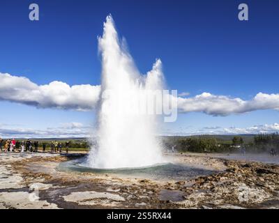 Eruzione del geyser Strokkur, sorgenti termali, zone ad alta temperatura nella valle di Haukadalur, Golden Circle, Islanda meridionale, Islanda, Europa Foto Stock