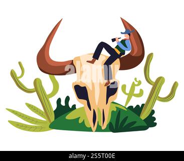 Cowboy selvaggio bandito in stile occidentale seduto su un grande cranio di toro vettore persona pericolosa che beve bevande alcoliche tenendo in mano una bottiglia di cactus e foglie decorazione fogliame natura desertica e maschio con alcol. Un bandito in stile western selvaggio cowboy seduto su un grande teschio Illustrazione Vettoriale