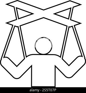 Concetto di manipolazione umana Puppet stick man manipolare sul tema della dipendenza delle stringhe Control People Management executive idea contorno icona colore nero illustrazione vettoriale stile piatto immagine semplice Illustrazione Vettoriale