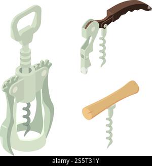 Set icone cavatappi. Set isometrico di icone vettoriali cavatappi per la progettazione Web isolate su sfondo bianco. Set di icone a cavatappi, stile isometrico Illustrazione Vettoriale