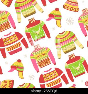 Maglioni in maglia e caldo cappello invernale motivo senza cuciture isolato su sfondo bianco vettoriale. Fiocchi di neve e renne simbolo dell'animale delle feste natalizie. Ornamenti ed elementi animalistici. Pullover in maglia e caldo cappello invernale motivo senza cuciture Illustrazione Vettoriale