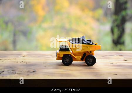 Un piccolo camion giocattolo giallo è carico di semi di girasole. Un'auto su una superficie di legno sullo sfondo di una foresta autunnale. Estrazione e. Foto Stock