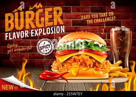 Deliziosi hamburger di pollo fritto speziato con fuoco acceso e menu fisso in 3d. Delizioso hamburger di pollo fritto Foto Stock