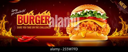 Banner per hamburger di pollo fritto caldo con effetto fuoco acceso nell'illustrazione 3D. Striscioni di hamburger di pollo fritto caldo Foto Stock