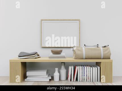 Sala ufficio con scrivania e struttura a parete, in stile 3D. Foto Stock