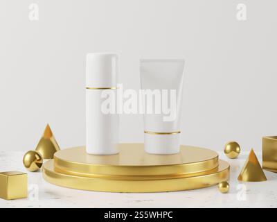 Spremere la bottiglia e il tiralatte per cosmetici su sfondo bianco, stile 3d. Foto Stock