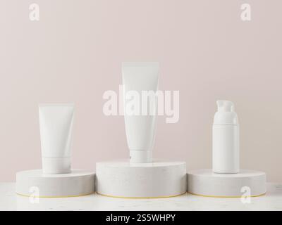 Spremere la bottiglia e il tiralatte per cosmetici su sfondo rosa, stile 3d. Foto Stock