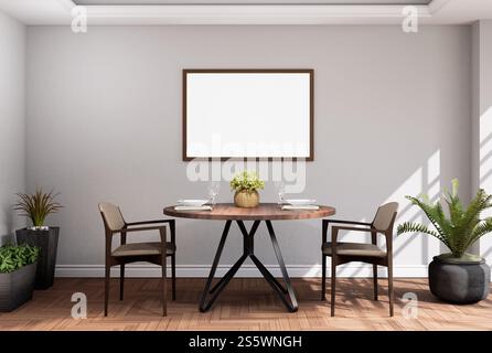 Mockup di illustrazione 3D cornice orizzontale a parete, piatto e vetro con fiori in vaso su tavolo di legno, due sedie e piante da casa con Foto Stock