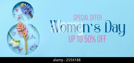 Striscione per la festa della donna con splendidi fiori e figura 8 Foto Stock