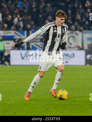 Nicolò Savona in azione durante la partita di serie A tra Atalanta e Juventus del 14 gennaio 2025 allo Stadio Gewiss di Bergamo Foto Stock