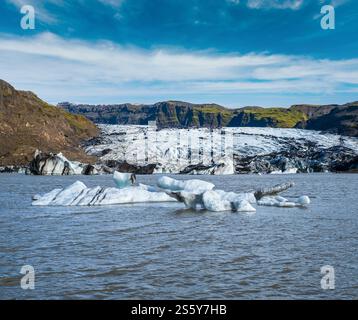 Solheimajokull pittoresco ghiacciaio nel sud dell'Islanda. La lingua di questo ghiacciaio scivola dal vulcano Katla. Splendida laguna di lago glaciale con Foto Stock