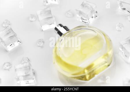 Bottiglia gialla di profumo femminile, fotografia obiettivo della bottiglia di profumo in cubetti di ghiaccio e acqua su un tavolo bianco. Vista dall'alto. Foto del prodotto mockup, Foto Stock
