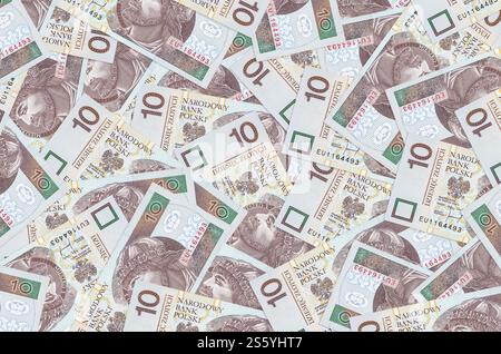 10 banconote zloty polacche giacciono in grande pila. Un ricco background concettuale. Grande somma di denaro. 10 banconote zloty polacche giacciono in grande pila. Vita ricca Foto Stock
