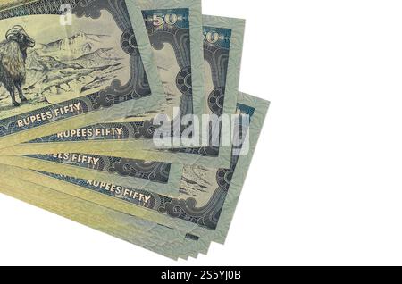 50 rupie nepalesi si trovano in un piccolo mazzo o in un impacco isolato su bianco. Mockup con spazio di copia. Concetto di business e cambio valuta. 50 nepalese Foto Stock