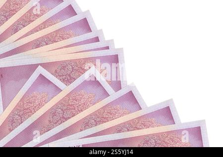 10 bollette di corone estoni sono isolate su sfondo bianco con spazio di copia impilato nel primo piano della ventola. Concetto di tempo del giorno di paga o operazioni finanziarie. 10 Foto Stock