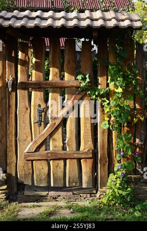 Legno di autunno antica recinzione con un paletto in stile vintage Foto Stock