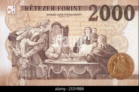 Gabor Bethlen tra i suoi scienziati foto di Madarasz Viktor su ungherese 2000 Forints 2013 Banknote Close Up framment. Gabor Bethlen tra i suoi Foto Stock