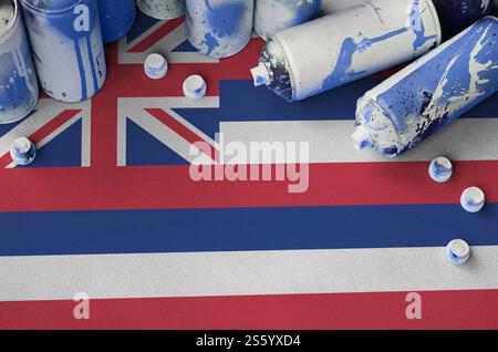 Bandiera dello stato delle Hawaii e pochi spray spray aerosol usati per la pittura di graffiti. Concetto di cultura dell'arte di strada, problemi di vandalismo. Hawaii bandiera dello stato degli Stati Uniti e. Foto Stock