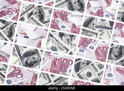Un collage di molte immagini delle banconote in tagli da 100 e 500 euro giacente nella memoria heap Foto Stock
