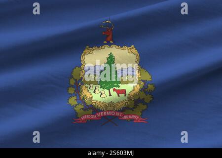 Bandiera dello stato del Vermont, con pieghe grandi che sventolano da vicino sotto la luce dello studio al chiuso. I simboli e i colori ufficiali dello striscione in tessuto. Vermont, Stati Uniti Foto Stock