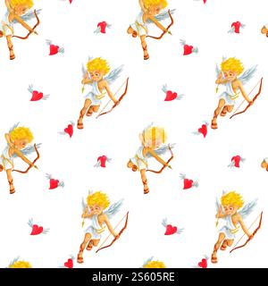 Motivo senza cuciture con il cartone animato Cherub Cupid che caccia i cuori volanti rossi. Creativi e romantici acquerelli ornamentali con simboli di amore e matrimonio Foto Stock