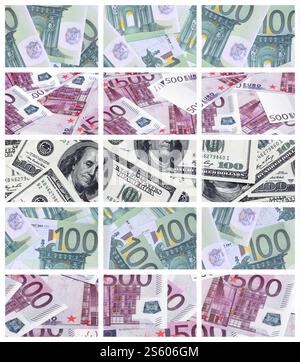 Un collage di molte immagini delle banconote in tagli da 100 e 500 euro giacente nella memoria heap Foto Stock