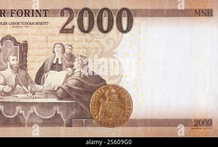 Gabor Bethlen tra i suoi scienziati foto di Madarasz Viktor su ungherese 2000 Forints 2013 Banknote Close Up framment. Gabor Bethlen tra i suoi Foto Stock