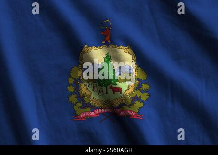 Bandiera dello stato del Vermont, con pieghe grandi che sventolano da vicino sotto la luce dello studio al chiuso. I simboli e i colori ufficiali dello striscione in tessuto. Vermont, Stati Uniti Foto Stock