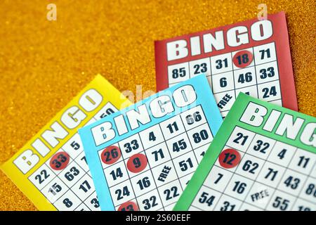 Molte tavole da bingo colorate o carte da gioco per vincere chip. Classico americano o canadese da cinque a cinque carte da bingo su sfondo luminoso. Molti Foto Stock