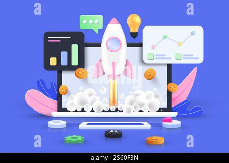 Concept di avvio, sviluppo software e Web con forme 3d, istogramma, infografica su sfondo blu. Illustrazione vettoriale 3D. Foto Stock