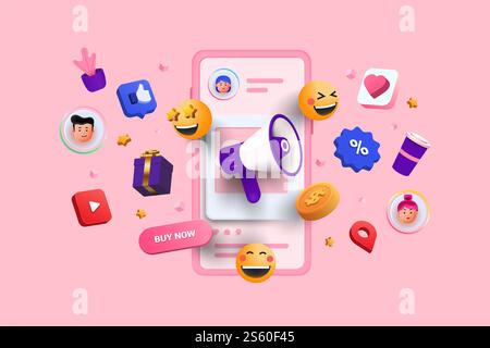 Illustrazione del rendering 3d del marketing digitale. Marketing sui social media, promozione e pubblicità su Internet. illustrazione vettoriale 3d. Foto Stock