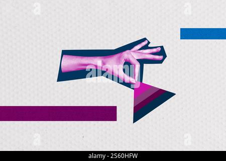 Modello di schizzo composito di tendenza collage fotografico 3D di figura piramidale a mano simbolo linguaggio del corpo dito che mostra la risorsa umana Foto Stock