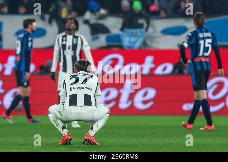 Bergamo, Italia. 14 gennaio 2025. Nicolo Savona della Juventus FC reagisce alla fine della partita durante la partita di serie A 2024/25 tra Atalanta BC e Juventus FC al Gewiss Stadium credito: dpa/Alamy Live News Foto Stock