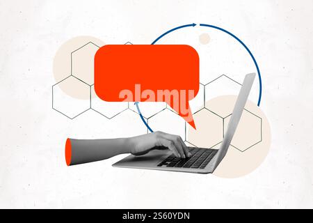 Modello di collage 3D grafica di tendenza schizzo di una tastiera anonima a mano tastiera per laptop chat contatto conversazione vocale rete app Foto Stock