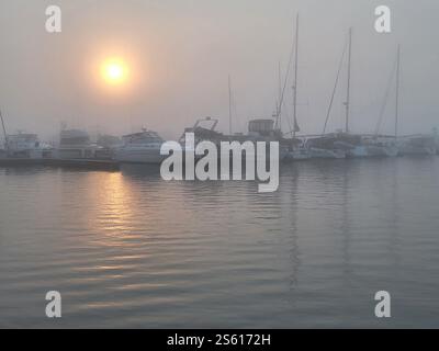 Nebbia mattutina nel porticciolo di Sheboygan, Wisconsin Foto Stock